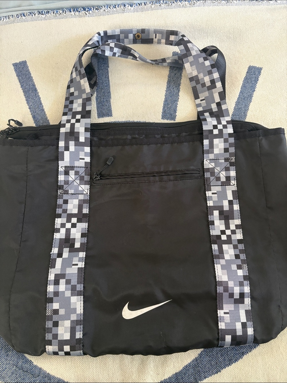 Nike Black Duffel Tote with Gray Pixel-Print Straps